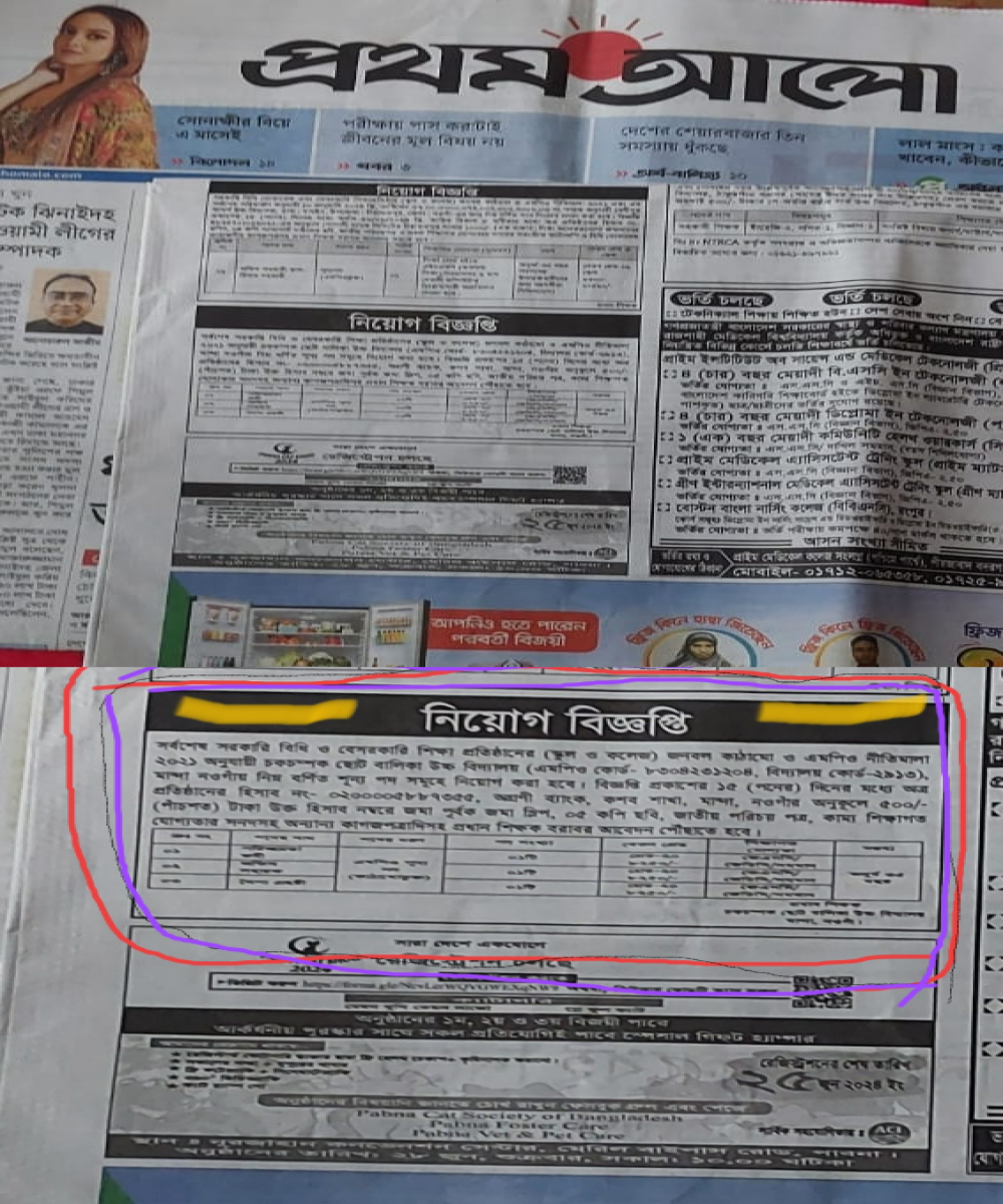 বিভিন্ন পদে নিয়োগ বিজ্ঞপ্তি প্রকাশ -"দৈনিক প্রথম আলো "১২/০৬/২০২৪